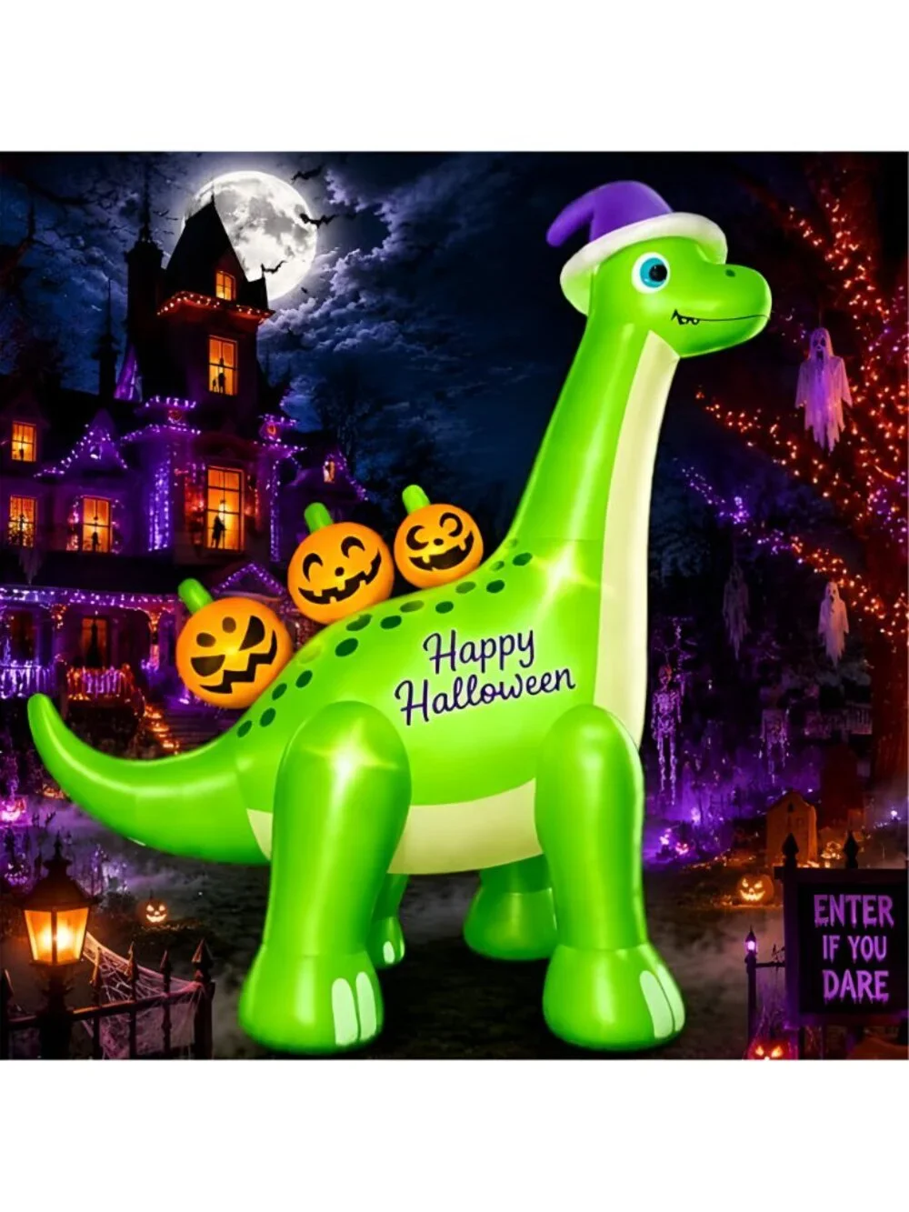 12FT Giant Halloween Inflatable Dinosaur with Witch Hat Decor